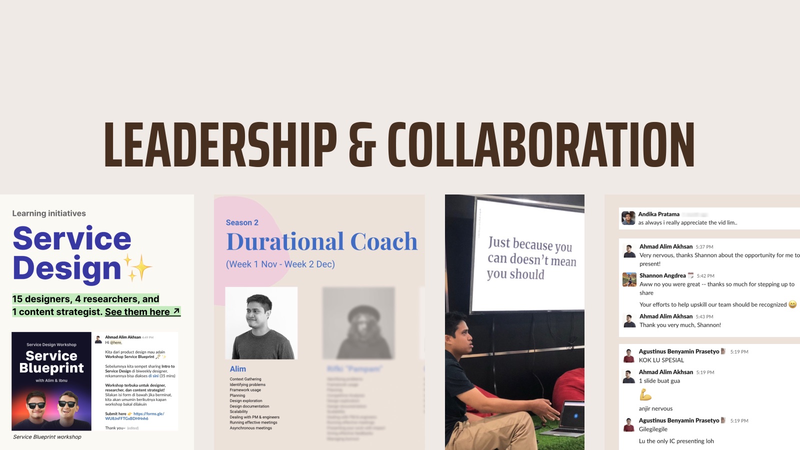 Leadership and collaboration: workshops, a mentoring season, talks, and team chats