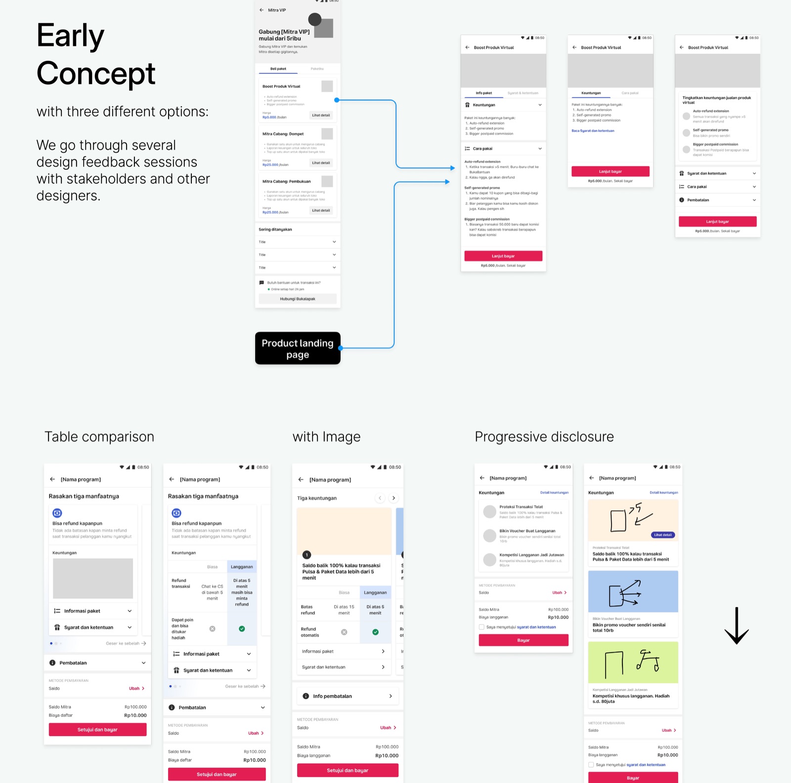 Early concept exploration with three directions and the high-level user flow
