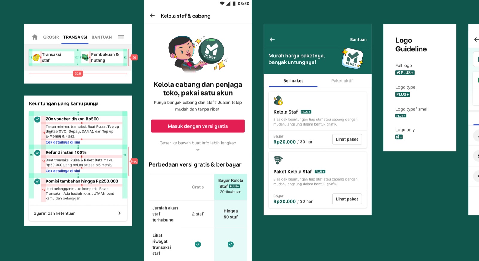 The plus+ subscription screens on the Mitra app, with perks, pricing, and the logo system