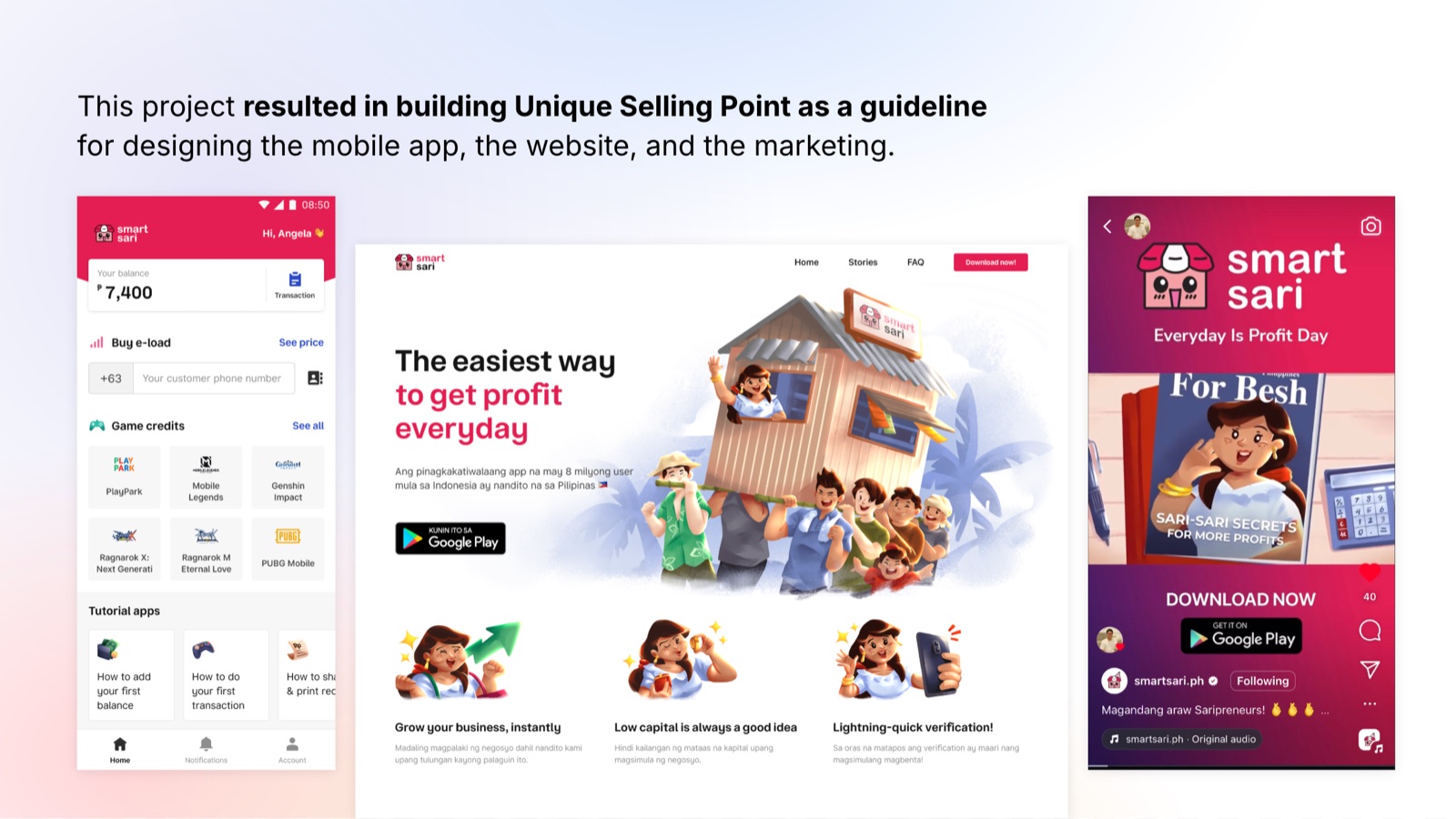 The shipped SmartSari product across the mobile app, the website, and the marketing